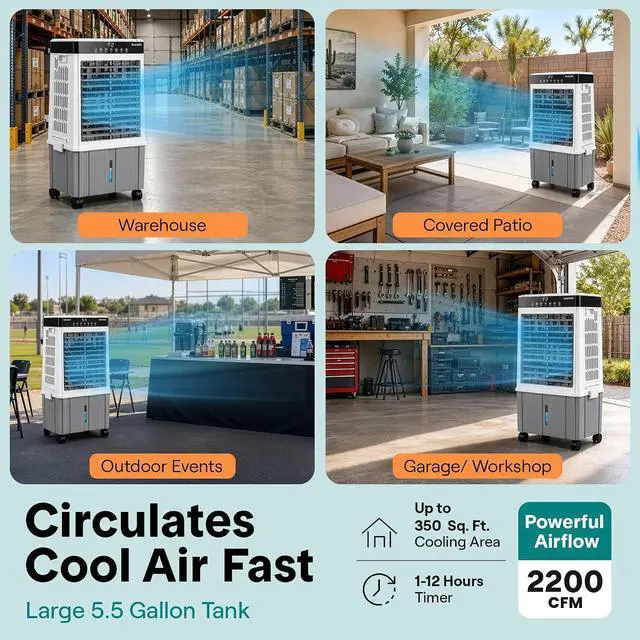 Alt view image 2 of 7 - SereneLife Portable Air Cooler with 2200 CFM Power - High-Performance Evaporative Air Cooler for Indoor and Outdoor Spaces, 21 L Tank, Oscillation, 24-Hour Timer, Remote Control Cooling System