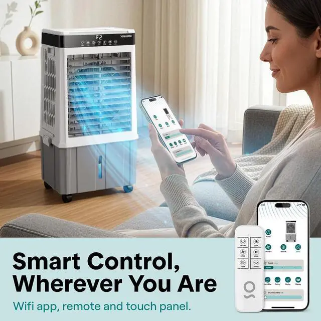 Alt view image 4 of 7 - SereneLife Portable Air Cooler with 2200 CFM Power - High-Performance Evaporative Air Cooler for Indoor and Outdoor Spaces, 21 L Tank, Oscillation, 24-Hour Timer, Remote Control Cooling System