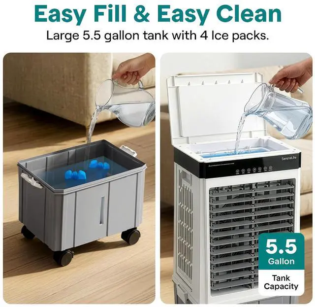 Alt view image 6 of 7 - SereneLife Portable Air Cooler with 2200 CFM Power - High-Performance Evaporative Air Cooler for Indoor and Outdoor Spaces, 21 L Tank, Oscillation, 24-Hour Timer, Remote Control Cooling System