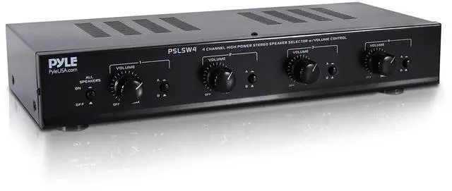 Main image of Pyle 4 Channel Speaker Selector Switch - Multi Zone A B Speaker Distribution Controller Box w/Independent Audio Source Volume Control, Supports Home Theater Stereo Amplifier Receiver System - PSLSW4