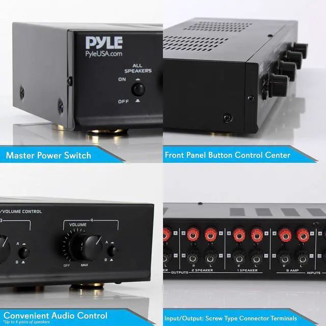 Alt view image 3 of 7 - Pyle 4 Channel Speaker Selector Switch - Multi Zone A B Speaker Distribution Controller Box w/Independent Audio Source Volume Control, Supports Home Theater Stereo Amplifier Receiver System - PSLSW4