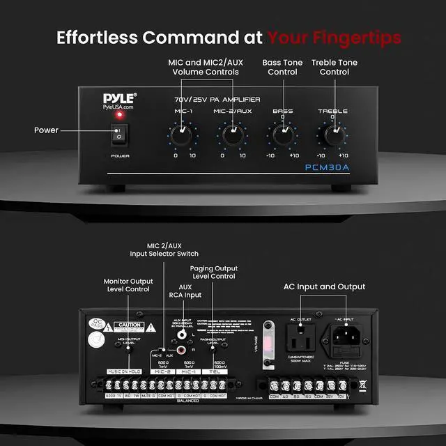 Alt view image 2 of 7 - Pyle Compact 60 Watt Power Amplifier - Office, Home, Public Address System w/ RCA, 2 Microphone IN, 25/70 Volt Outputs, LED, Input Selector, Mic Talkover, Telephony, Music On Hold - PCM30A