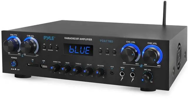 Main image of Pyle Home Stereo Receiver with Bluetooth - 4 Channel Amplifier, 800 Watt Max, USB-A Input w MP3 Player, Easy Karaoke Setup with Mic Vol, Reverb and Delay, RCA in/Out, SD Card, FM Radio - PDA77BU