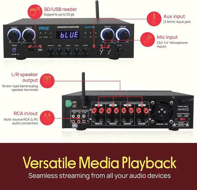 Alt view image 2 of 7 - Pyle Home Stereo Receiver with Bluetooth - 4 Channel Amplifier, 800 Watt Max, USB-A Input w MP3 Player, Easy Karaoke Setup with Mic Vol, Reverb and Delay, RCA in/Out, SD Card, FM Radio - PDA77BU