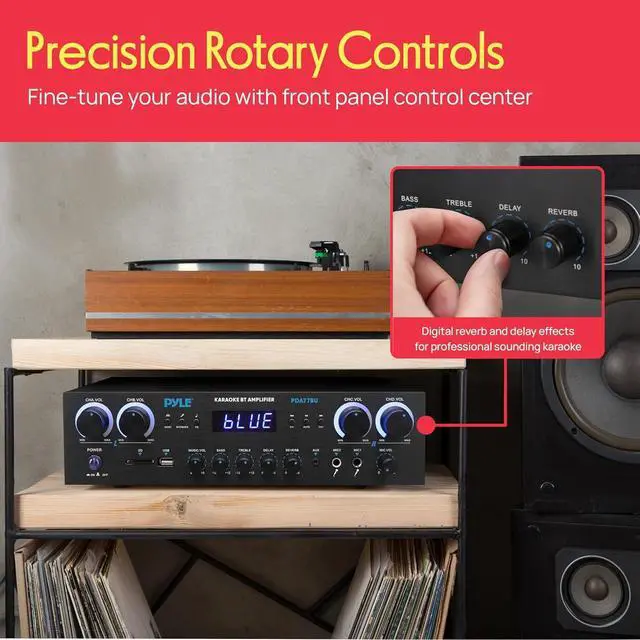 Alt view image 4 of 7 - Pyle Home Stereo Receiver with Bluetooth - 4 Channel Amplifier, 800 Watt Max, USB-A Input w MP3 Player, Easy Karaoke Setup with Mic Vol, Reverb and Delay, RCA in/Out, SD Card, FM Radio - PDA77BU