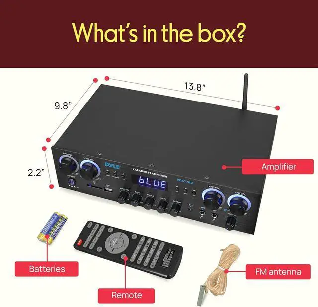 Alt view image 7 of 7 - Pyle Home Stereo Receiver with Bluetooth - 4 Channel Amplifier, 800 Watt Max, USB-A Input w MP3 Player, Easy Karaoke Setup with Mic Vol, Reverb and Delay, RCA in/Out, SD Card, FM Radio - PDA77BU