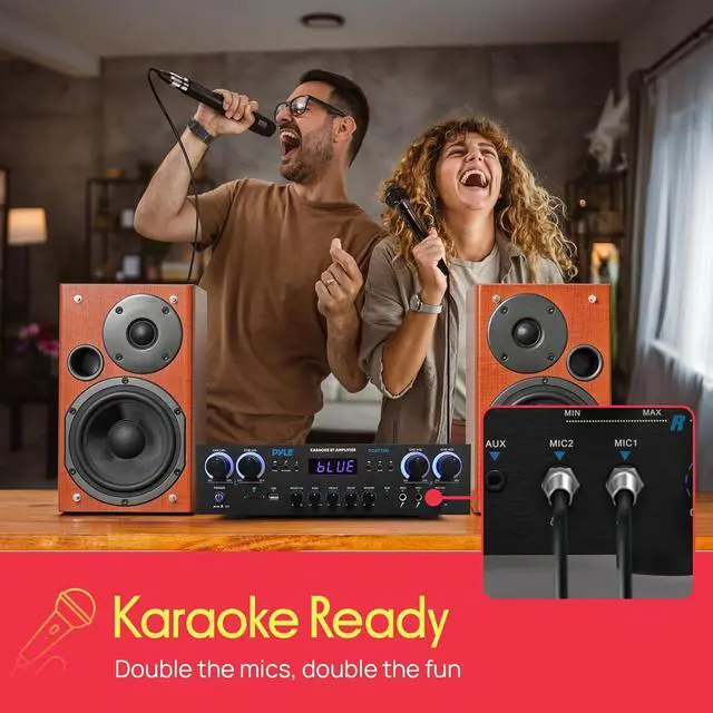 Alt view image 5 of 7 - Pyle Home Stereo Receiver with Bluetooth - 4 Channel Amplifier, 800 Watt Max, USB-A Input w MP3 Player, Easy Karaoke Setup with Mic Vol, Reverb and Delay, RCA in/Out, SD Card, FM Radio - PDA77BU