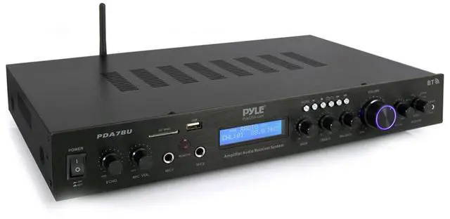 Main image of Pyle Bluetooth Home Theater Amplifier - 200 Watts into 5 Channels with Subwoofer Out, Easy Karaoke - Dual Mic, Wireless Streaming, USB/SD with MP3 player, RCA Input, FM Radio, LCD Display - PDA7BU