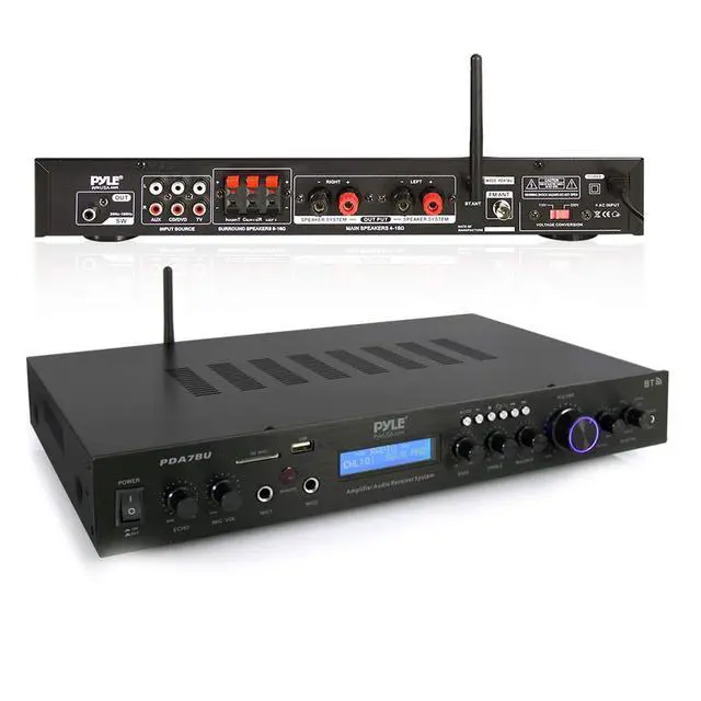 Alt view image 2 of 7 - Pyle Bluetooth Home Theater Amplifier - 200 Watts into 5 Channels with Subwoofer Out, Easy Karaoke - Dual Mic, Wireless Streaming, USB/SD with MP3 player, RCA Input, FM Radio, LCD Display - PDA7BU