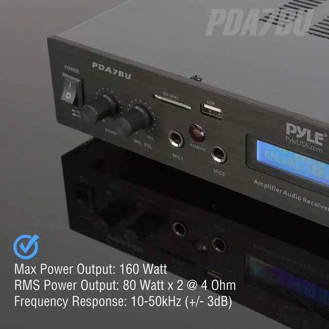 Alt view image 3 of 7 - Pyle Bluetooth Home Theater Amplifier - 200 Watts into 5 Channels with Subwoofer Out, Easy Karaoke - Dual Mic, Wireless Streaming, USB/SD with MP3 player, RCA Input, FM Radio, LCD Display - PDA7BU