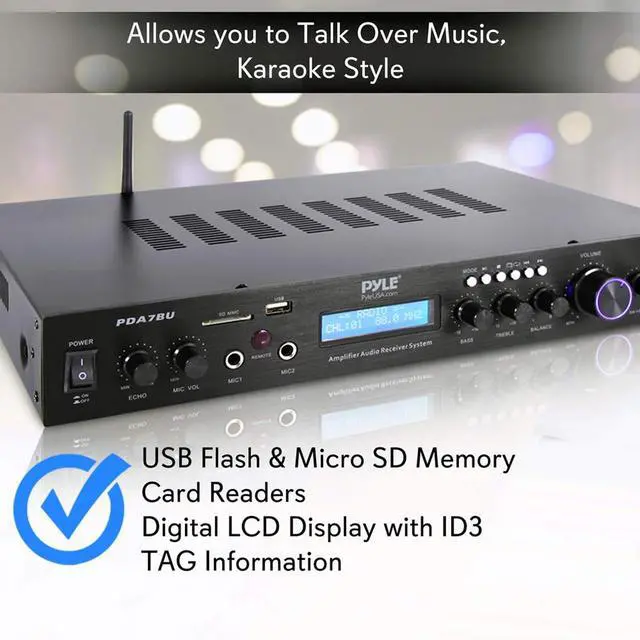 Alt view image 4 of 7 - Pyle Bluetooth Home Theater Amplifier - 200 Watts into 5 Channels with Subwoofer Out, Easy Karaoke - Dual Mic, Wireless Streaming, USB/SD with MP3 player, RCA Input, FM Radio, LCD Display - PDA7BU