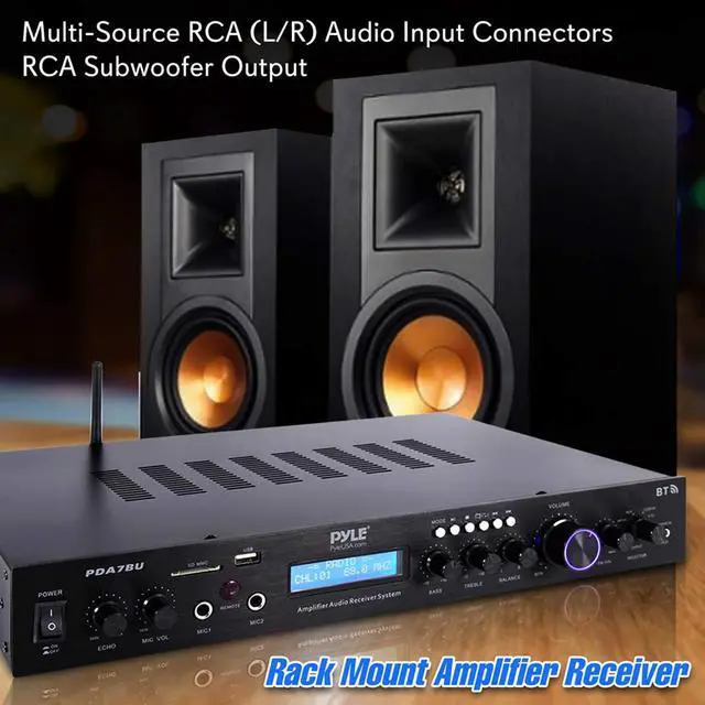 Alt view image 5 of 7 - Pyle Bluetooth Home Theater Amplifier - 200 Watts into 5 Channels with Subwoofer Out, Easy Karaoke - Dual Mic, Wireless Streaming, USB/SD with MP3 player, RCA Input, FM Radio, LCD Display - PDA7BU