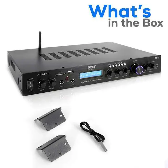Alt view image 6 of 7 - Pyle Bluetooth Home Theater Amplifier - 200 Watts into 5 Channels with Subwoofer Out, Easy Karaoke - Dual Mic, Wireless Streaming, USB/SD with MP3 player, RCA Input, FM Radio, LCD Display - PDA7BU