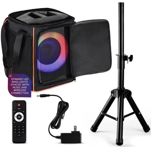 Main image of Pyle Portable Bluetooth Speaker with 8" Inch Woofer, TWS, Mic Input, USB/SD/FM Radio, Colorful Ring Lights, 120 W Rechargeable Battery, Tripod Stand & Speaker Bag, Hi-Fi Sound, Outdoor/Indoor Use
