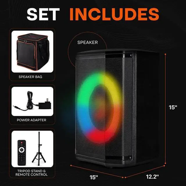 Alt view image 2 of 7 - Pyle Portable Bluetooth Speaker with 8" Inch Woofer, TWS, Mic Input, USB/SD/FM Radio, Colorful Ring Lights, 120 W Rechargeable Battery, Tripod Stand & Speaker Bag, Hi-Fi Sound, Outdoor/Indoor Use