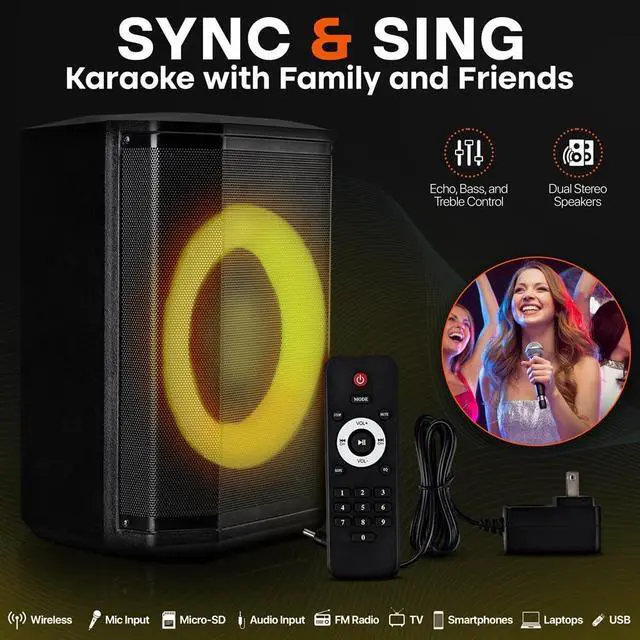 Alt view image 3 of 7 - Pyle Portable Bluetooth Speaker with 8" Inch Woofer, TWS, Mic Input, USB/SD/FM Radio, Colorful Ring Lights, 120 W Rechargeable Battery, Tripod Stand & Speaker Bag, Hi-Fi Sound, Outdoor/Indoor Use