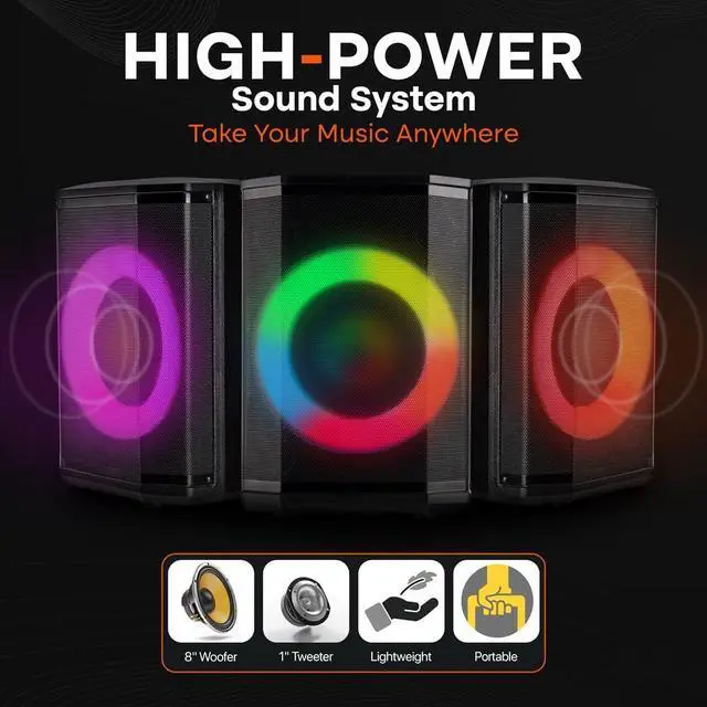 Alt view image 4 of 7 - Pyle Portable Bluetooth Speaker with 8" Inch Woofer, TWS, Mic Input, USB/SD/FM Radio, Colorful Ring Lights, 120 W Rechargeable Battery, Tripod Stand & Speaker Bag, Hi-Fi Sound, Outdoor/Indoor Use