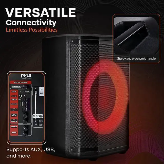 Alt view image 5 of 7 - Pyle Portable Bluetooth Speaker with 8" Inch Woofer, TWS, Mic Input, USB/SD/FM Radio, Colorful Ring Lights, 120 W Rechargeable Battery, Tripod Stand & Speaker Bag, Hi-Fi Sound, Outdoor/Indoor Use