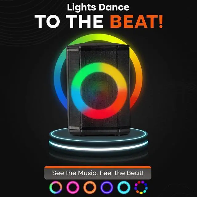 Alt view image 6 of 7 - Pyle Portable Bluetooth Speaker with 8" Inch Woofer, TWS, Mic Input, USB/SD/FM Radio, Colorful Ring Lights, 120 W Rechargeable Battery, Tripod Stand & Speaker Bag, Hi-Fi Sound, Outdoor/Indoor Use