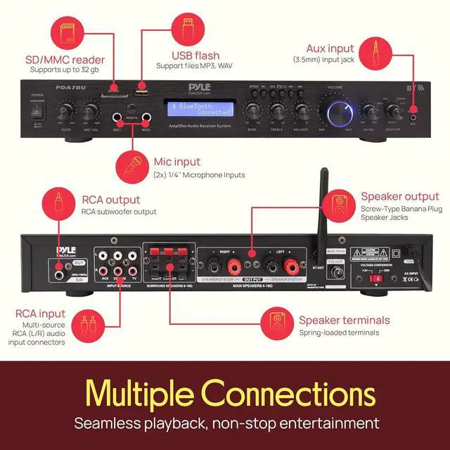 Alt view image 3 of 7 - Pyle 5 Channel Rack Mount Bluetooth Amplifier Receiver - 200 Watt Home Theater Amp, Bluetooth Wireless Streaming, MP3/USB/SD/AUX, Digital ID3 LCD Display - PDA7BU.5