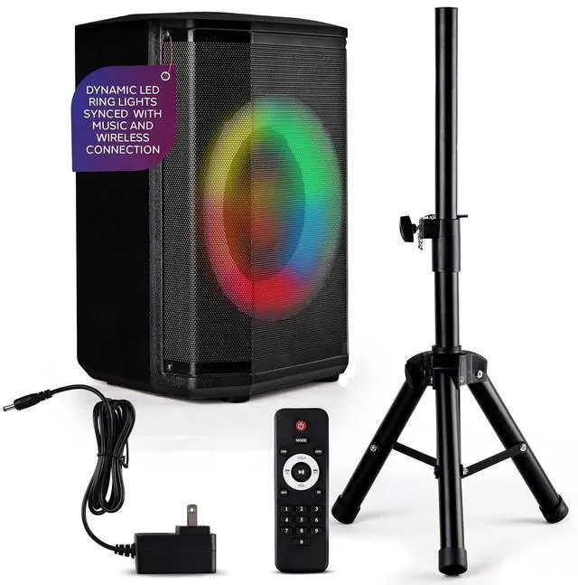 Main image of Pyle Portable Bluetooth Speaker with 8" Inch Woofer, TWS Function, Mic Input, USB/Micro SD/FM Radio, Colorful Ring Lights, 120W Rechargeable Battery, Tripod Stand, Hi-Fi Sound, Indoor/Outdoor Use