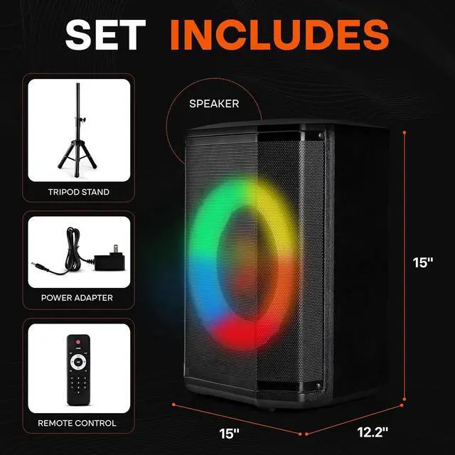 Alt view image 2 of 7 - Pyle Portable Bluetooth Speaker with 8" Inch Woofer, TWS Function, Mic Input, USB/Micro SD/FM Radio, Colorful Ring Lights, 120W Rechargeable Battery, Tripod Stand, Hi-Fi Sound, Indoor/Outdoor Use