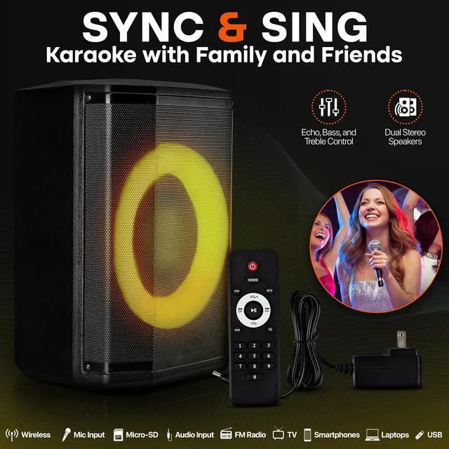 Alt view image 3 of 7 - Pyle Portable Bluetooth Speaker with 8" Inch Woofer, TWS Function, Mic Input, USB/Micro SD/FM Radio, Colorful Ring Lights, 120W Rechargeable Battery, Tripod Stand, Hi-Fi Sound, Indoor/Outdoor Use