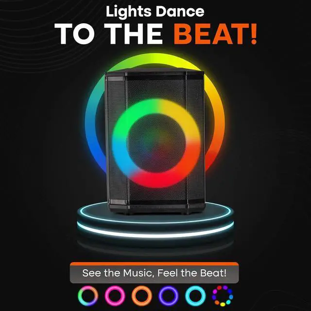 Alt view image 6 of 7 - Pyle Portable Bluetooth Speaker with 8" Inch Woofer, TWS Function, Mic Input, USB/Micro SD/FM Radio, Colorful Ring Lights, 120W Rechargeable Battery, Tripod Stand, Hi-Fi Sound, Indoor/Outdoor Use