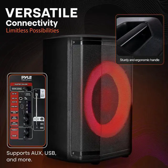 Alt view image 5 of 7 - Pyle Portable Bluetooth Speaker with 8" Inch Woofer, TWS Function, Mic Input, USB/Micro SD/FM Radio, Colorful Ring Lights, 120W Rechargeable Battery, Tripod Stand, Hi-Fi Sound, Indoor/Outdoor Use