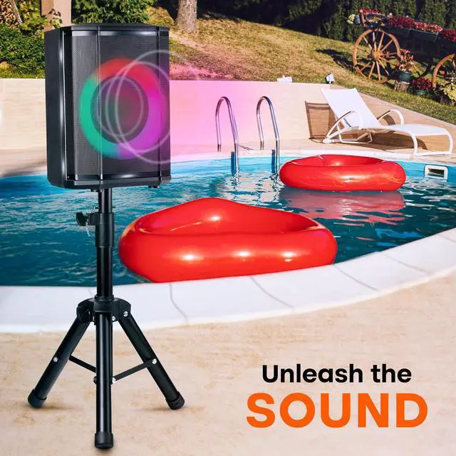Alt view image 7 of 7 - Pyle Portable Bluetooth Speaker with 8" Inch Woofer, TWS Function, Mic Input, USB/Micro SD/FM Radio, Colorful Ring Lights, 120W Rechargeable Battery, Tripod Stand, Hi-Fi Sound, Indoor/Outdoor Use