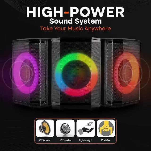 Alt view image 4 of 7 - Pyle Portable Bluetooth Speaker with 8" Inch Woofer, TWS Function, Mic Input, USB/Micro SD/FM Radio, Colorful Ring Lights, 120W Rechargeable Battery, Tripod Stand, Hi-Fi Sound, Indoor/Outdoor Use