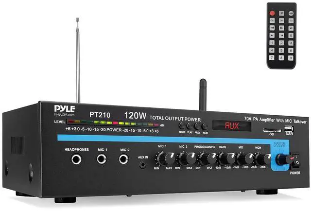 Main image of Pyle Home Compact Public Address Mono Amplifier - Professional 120 Watt Home Power Audio Sound PA Speaker Receiver System w/ RCA, Headphone, 2 Microphone Inputs, Independent Volume Control - PT210