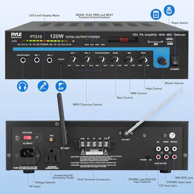 Alt view image 2 of 7 - Pyle Home Compact Public Address Mono Amplifier - Professional 120 Watt Home Power Audio Sound PA Speaker Receiver System w/ RCA, Headphone, 2 Microphone Inputs, Independent Volume Control - PT210