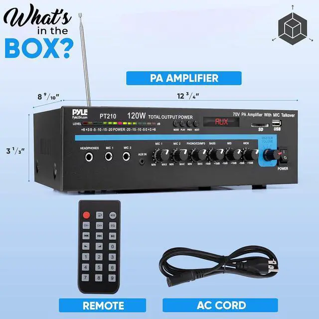 Alt view image 7 of 7 - Pyle Home Compact Public Address Mono Amplifier - Professional 120 Watt Home Power Audio Sound PA Speaker Receiver System w/ RCA, Headphone, 2 Microphone Inputs, Independent Volume Control - PT210