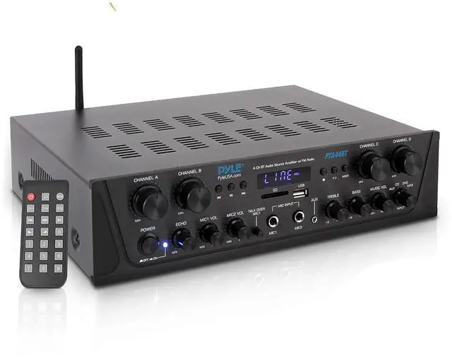 Main image of Pyle 500W Karaoke Amplifier with Bluetooth - 4 Channel Stereo Output, Front Panel Aux In, MIC1 / MIC2, Mic Vol with Echo / Talk Over, USB-A, SD/MMC, Sub Out, Rec Out - Home / Commercial -PTA44BT.5