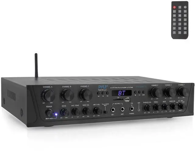 Main image of Pyle Home Audio Amplifier with Bluetooth - 6 Channel 600 Watt Peak Power, Karaoke with Echo, 2 Mic Input with Talkover, Headphone In, USB A MP3 Player with SD Reader - Home, Commercial, Worship