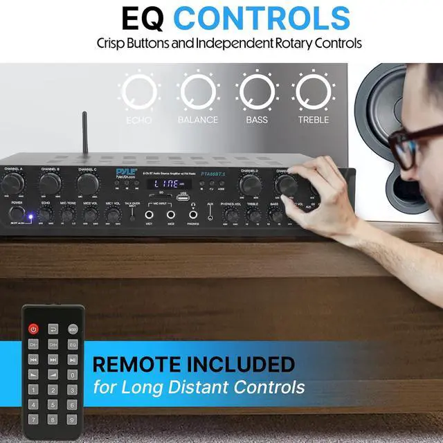 Alt view image 4 of 7 - Pyle Home Audio Amplifier with Bluetooth - 6 Channel 600 Watt Peak Power, Karaoke with Echo, 2 Mic Input with Talkover, Headphone In, USB A MP3 Player with SD Reader - Home, Commercial, Worship