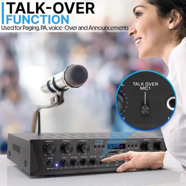 Alt view image 5 of 7 - Pyle Home Audio Amplifier with Bluetooth - 6 Channel 600 Watt Peak Power, Karaoke with Echo, 2 Mic Input with Talkover, Headphone In, USB A MP3 Player with SD Reader - Home, Commercial, Worship