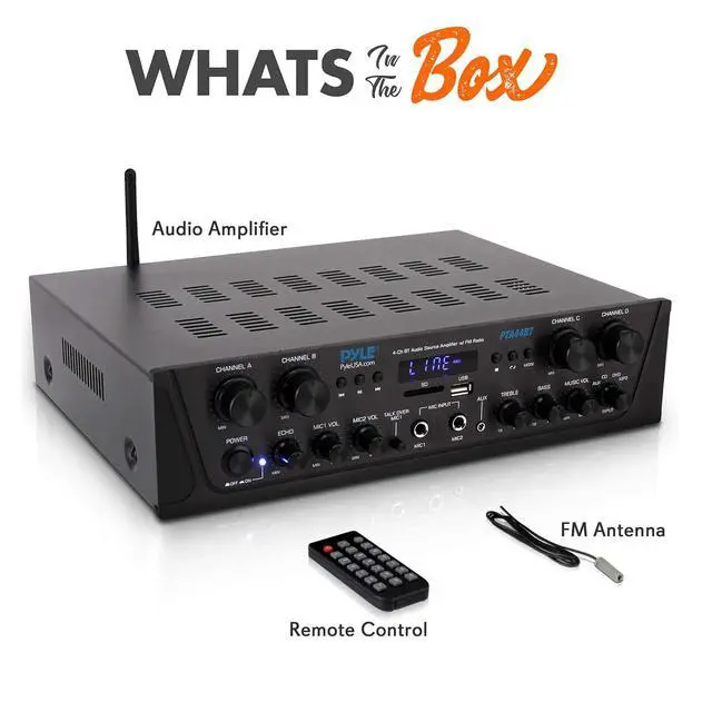 Alt view image 7 of 7 - Pyle 500W Karaoke Amplifier with Bluetooth - 4 Channel Stereo Output, Front Panel Aux In, MIC1 / MIC2, Mic Vol with Echo / Talk Over, USB-A, SD/MMC, Sub Out, Rec Out - Home / Commercial -PTA44BT.5