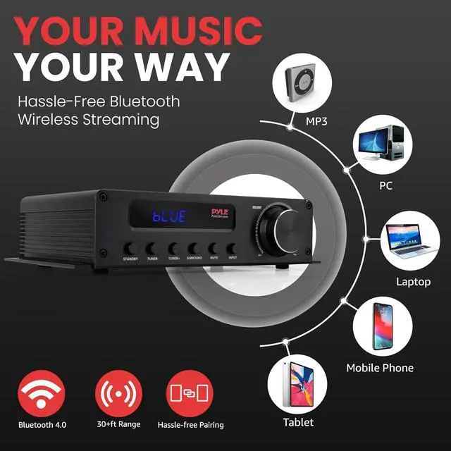 Alt view image 3 of 7 - Pyle 100W 5 Channel Audio Amplifier - Wireless Bluetooth Home Theater Power Stereo Receiver with Surround Sound w/HDMI, AUX, FM Antenna, Subwoofer Speaker Input, 12V Adapter - PFA540BT.6