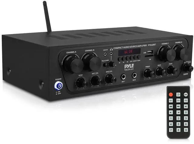 Main image of Pyle PTA42BT Wireless Karaoke Bluetooth Stereo Receiver - 4 Channel Power Amplifier w/USB,2 Microphone Input w/ Echo,Talkover for PA Great for Home Speaker System,Black
