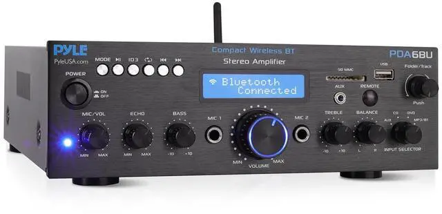 Main image of Pyle Wireless Bluetooth Power Amplifier System - 200W Dual Channel Sound Audio Stereo Receiver w/ USB, SD, AUX, MIC IN w/ Echo, Radio, LCD - For Home Theater Entertainment via RCA, Studio Use - PDA6BU
