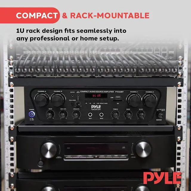 Alt view image 5 of 7 - Pyle PTA42BT Wireless Karaoke Bluetooth Stereo Receiver - 4 Channel Power Amplifier w/USB,2 Microphone Input w/ Echo,Talkover for PA Great for Home Speaker System,Black