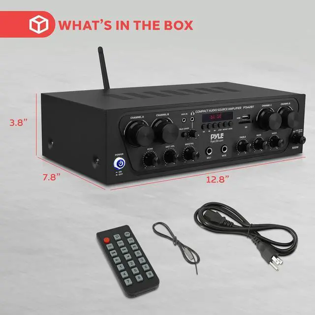 Alt view image 7 of 7 - Pyle PTA42BT Wireless Karaoke Bluetooth Stereo Receiver - 4 Channel Power Amplifier w/USB,2 Microphone Input w/ Echo,Talkover for PA Great for Home Speaker System,Black
