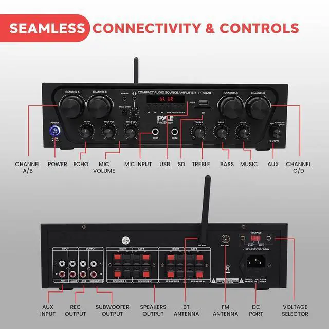 Alt view image 3 of 7 - Pyle PTA42BT Wireless Karaoke Bluetooth Stereo Receiver - 4 Channel Power Amplifier w/USB,2 Microphone Input w/ Echo,Talkover for PA Great for Home Speaker System,Black