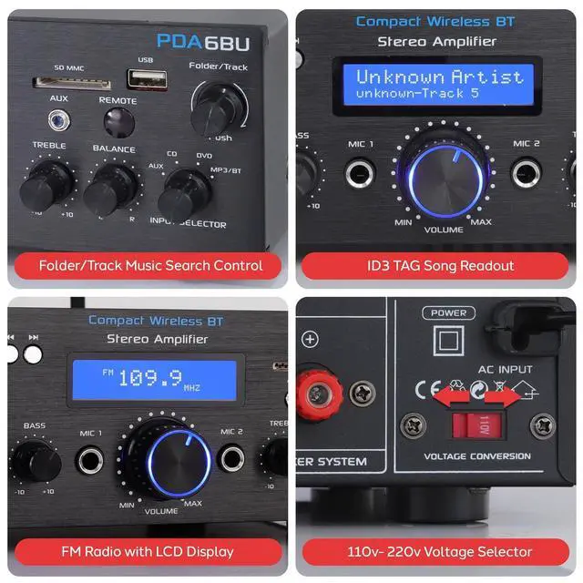 Alt view image 5 of 6 - Pyle Wireless Bluetooth Power Amplifier System - 200W Dual Channel Sound Audio Stereo Receiver w/ USB, SD, AUX, MIC IN w/ Echo, Radio, LCD - For Home Theater Entertainment via RCA, Studio Use - PDA6BU
