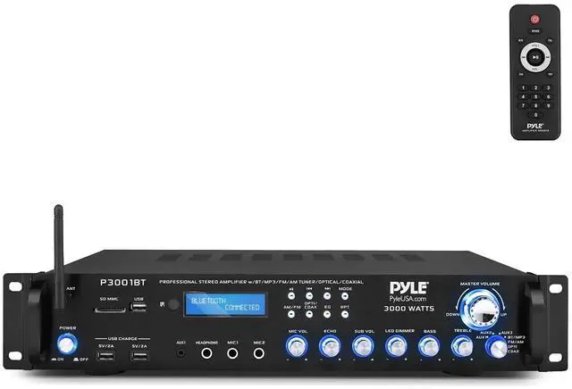 Main image of Pyle 3000W Multi-Channel Bluetooth Wireless Power Amplifier - Rack Mount - Stereo Receiver w/ FM Radio - USB/SD - Dual Mic w/ Echo - RCA - Headphone - LED Display - Cooling Fan - P3001BT