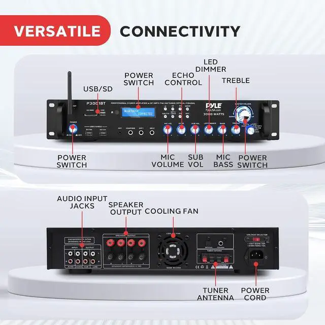 Alt view image 2 of 7 - Pyle 3000W Multi-Channel Bluetooth Wireless Power Amplifier - Rack Mount - Stereo Receiver w/ FM Radio - USB/SD - Dual Mic w/ Echo - RCA - Headphone - LED Display - Cooling Fan - P3001BT