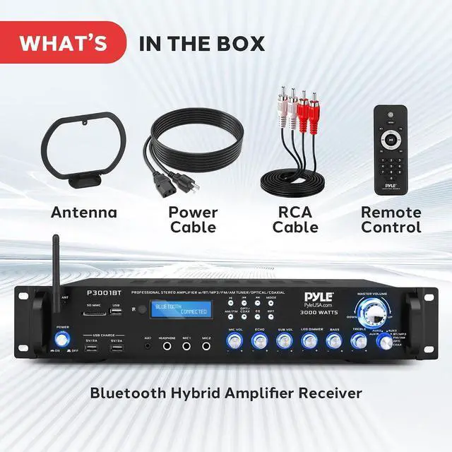 Alt view image 7 of 7 - Pyle 3000W Multi-Channel Bluetooth Wireless Power Amplifier - Rack Mount - Stereo Receiver w/ FM Radio - USB/SD - Dual Mic w/ Echo - RCA - Headphone - LED Display - Cooling Fan - P3001BT