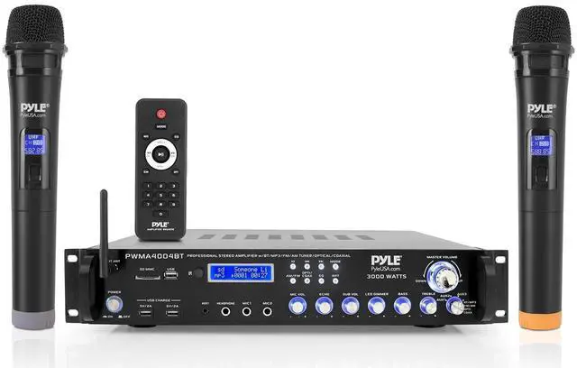 Main image of Pyle Bluetooth Multi-Channel Hybrid Pre-Amplifier System - 3000W Home Audio Rack Mount Stereo Power Amplifier Receiver w/ Radio, USB, UHF, Dual Wireless Karaoke mic, Speaker Sound System - PWMA4004BT